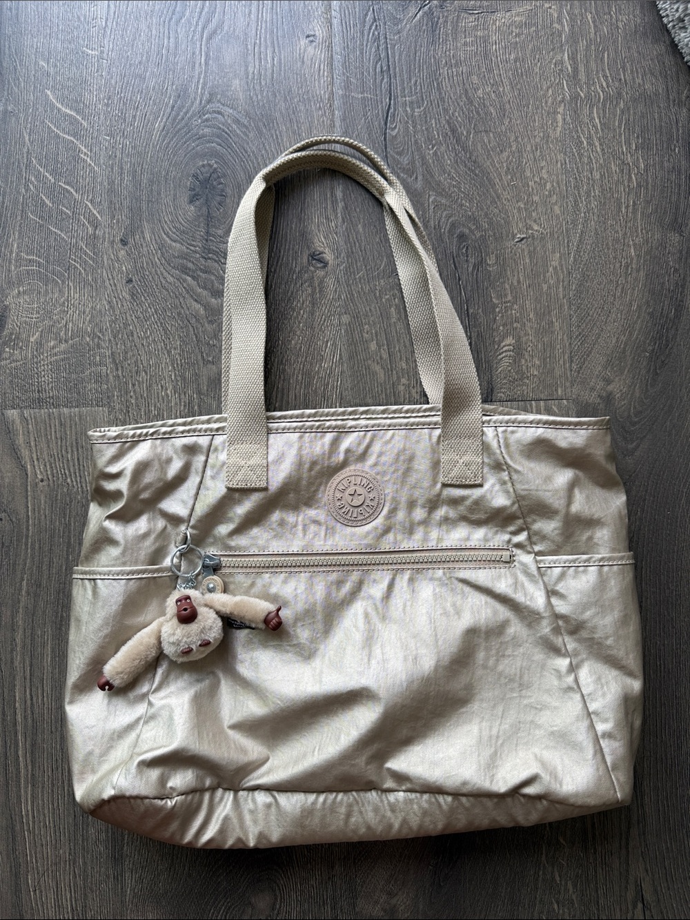 Kipling Metallic Cream Tote with Monkey Keychain
